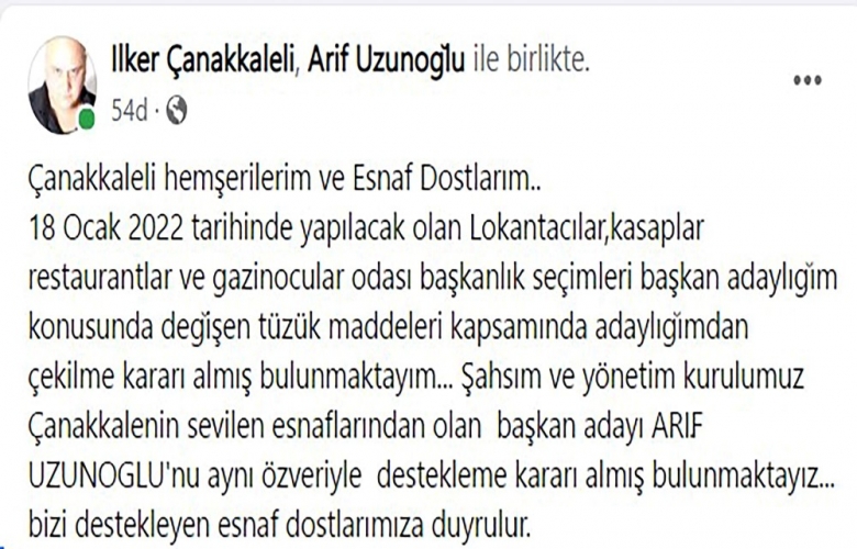 İLKER ÇANAKKALELİ LOKANTACILAR ODASI SEÇİMLERİ ADAYLIĞINDAN ÇEKİLDİ